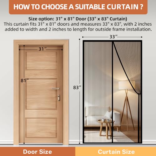 Image of METAONLY Magnetic Screen Door Mesh, Works for Patio, Sliding Door, Keeps Bug Mosquito Out, Fresh Air Flow, Fits 31 inch x 81 inch Door - Curtain Size 33 inch x 83 inch, Black with Stay-Open Straps