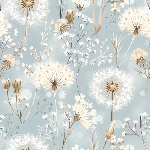 MAGAFA Dandelions and Wildflowers Peel and Stick Wallpaper Soft Gray and Blue Self Adhesive Removable Leaf Floral Contact Paper Nursery Bedroom Mural Wall Decorative 17.71'x118.1'