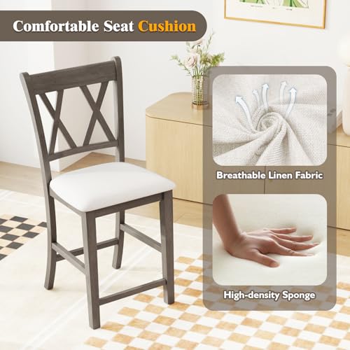 Juego de 2 taburetes de bar de madera Giantex, altura de mostrador de 24 pulgadas, con respaldo cruzado y asiento tapizado en tela de lino, estilo moderno y rústico para isla de cocina, bar en casa y comedor, gris y blanco miniatura 6