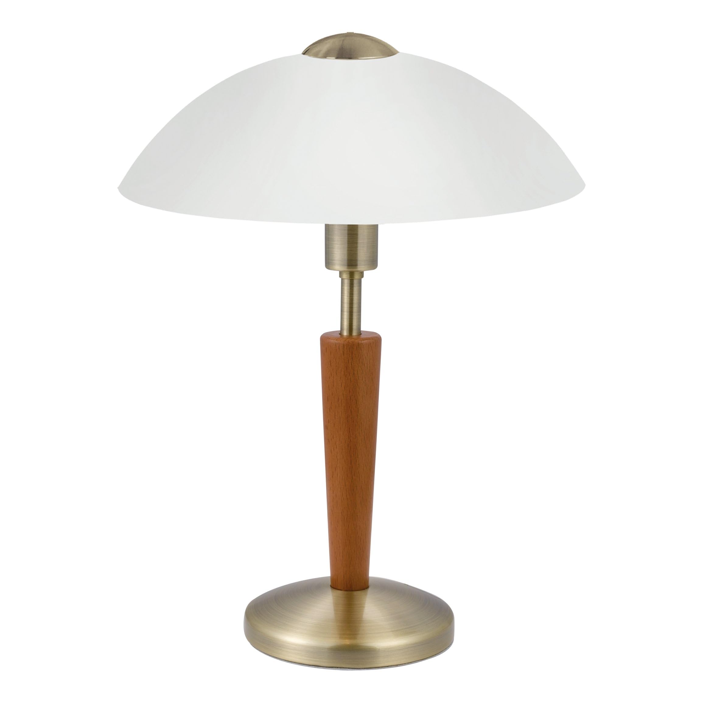 Eglo Solo 1, lampada da tavolo a 1 luce, materiale: Acciaio, legno | brunito, noce, vetro: bianco satinato, attacco: E14, incluso dimmer touch a sfioramento