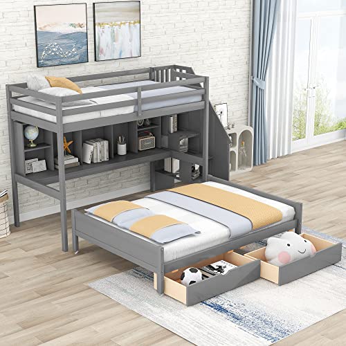 Harper & Bright Designs Twin Xl Over Full Bunk Bed, Wood Bunk Bed With Built-In Storage Shelves, Drawers And Staircase, For Kids/Teens/Girls/Boys/Adults, Gray #TOP2