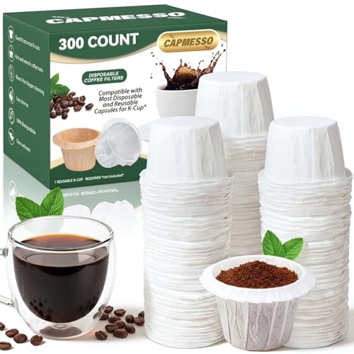 CAPMESSO Disposable Coffee Paper Filters Replacement Kerig Filter Compatible with Reusable Single Serve Pods Keurig Coffee Maker-300 Count (White)