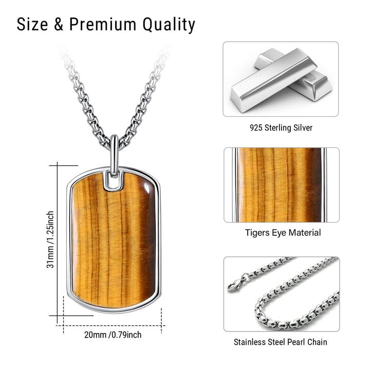 S925 Sterling Silver Dog Tag Pendant Necklace for Men Tigers Eye/Blue Sandstone/Malachite Jewelry Gift for Men with Stainless Steel Rolo chain 20+2"2