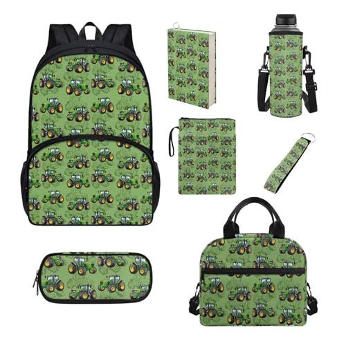 Set di 7 pezzi zaino per scuola elementare primaria sencondaria ragazze ragazzi bookbag borsa pranzo astuccio Trattore Taglia unica Set di zaini per la