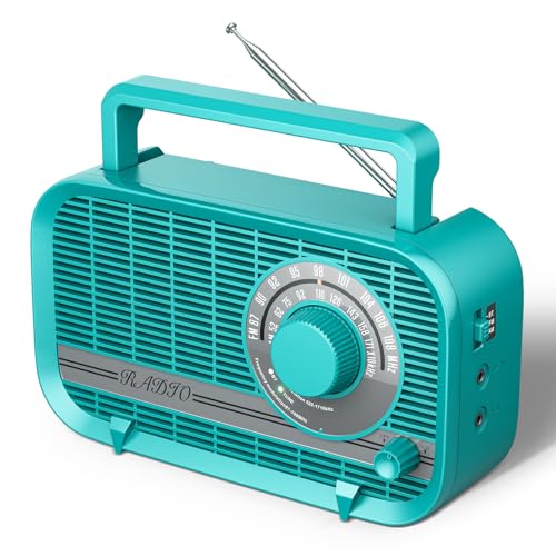Audiocrazy Portable AM FM Radio with Bluetooth, Plug in Wall and Play, or AA Battery Operated Radios, Best Reception Vintage Retro Radio Built in Clear Speaker Headphone/AUX in Jack Turquoise