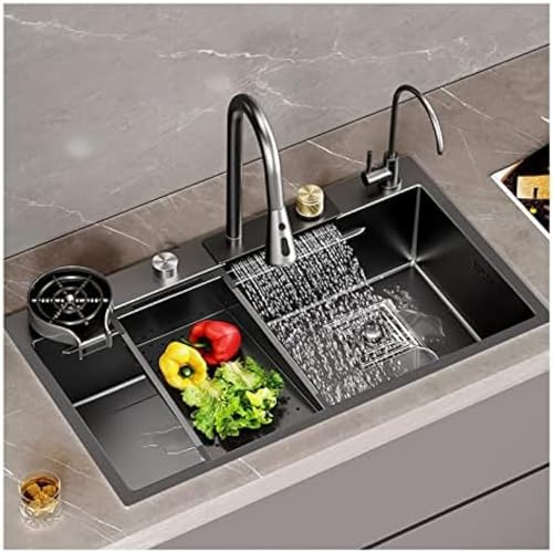 Fregadero de cocina de acero inoxidable 304 negro Nano Raindance, grifo de cascada extraíble para agua caliente y fría, ideal para lavandería, diseño duradero y elegante.