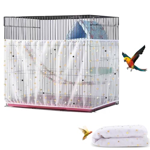 Image of Large Bird Cage Cover, Bird Cage Seed Catcher, Adjustable Soft Airy Nylon Mesh Net, Birdcage Cover Skirt Seed Guard for Parrot Parakeet Macaw African (Star-White, 15.7 inch x118 inch)