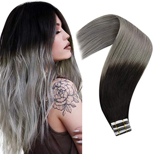 Black Ombre Grey Hair Extensions Tape in 18inch Remy Human Hair 20pcs 50g