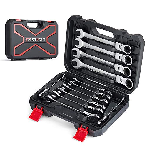 Eastvolt 12-Piece Flex-Head Ratcheting Wrench Set, Metric 8mm-19mm, Combination Ended Spanner kits, Chrome Vanadium Steel with Toolbox, EVHT1201