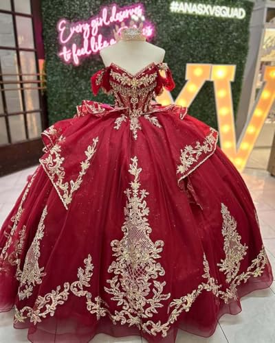 Mauuwy Sparkly Gold Applique Quinceanera Dresses Layered Tulle Sweet 15 16 Dresses Beaded V Neck Bow Dress with Tassel4