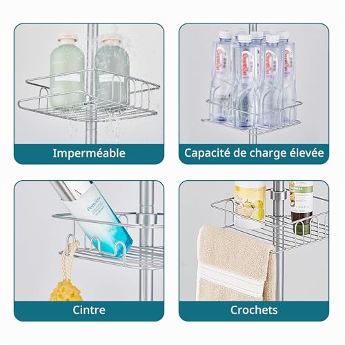 Étagère douche d'angle en métal argenté avec paniers télescopiques - 6