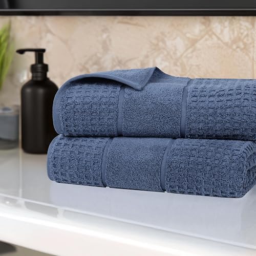 Superior Cotton Bath Sheet Set, Zero Twist, Waffle Border, Oversized Large Absorbent Body Towels, Luxury Soft Drying, Shower, Spa, Hotel, Pool, Guest Bathroom, Home Essentials, Set of 2, Denim Blue - Thumbnail 2