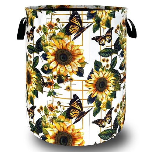 Image of Sunflower Butterfly Laundry Basket Oxford Cloth Hamper 18.9x16.5 Inch | Foldable With Handle Tote Bag Floral Laundry Hamper Clothes Storage Bucket Toy Organizer For Bathroom /Laundry /Bedroom