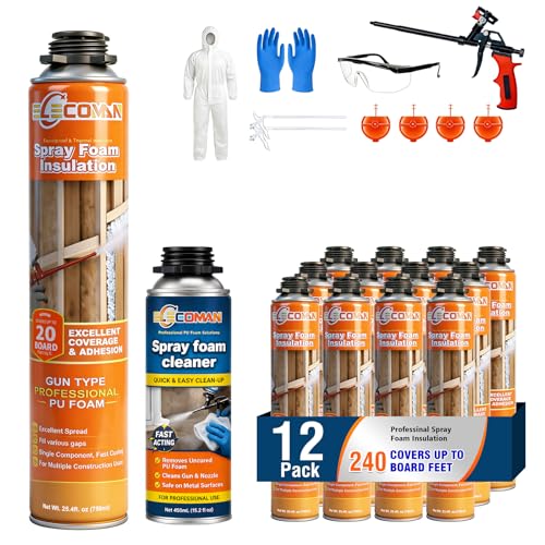 Elecoman Closed Cell Spray Foam Insulation Kit 240 Sq.Ft. High Density Polyurethane Expanding Spray Foam for Walls and Attic Easy DIY Wide Spray Foam Kit with Gun Cleaner & Safety Gear - 12 Pack