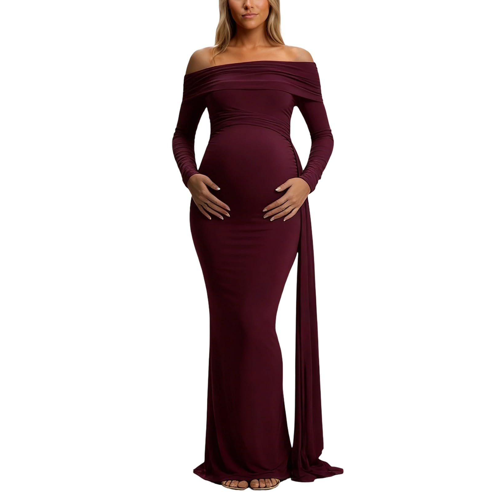 Generisch Elegante vestido de maternidad con escote asimétrico mangas largas volantes cintura alta para embarazo, moda de noche, sesión de fotos, fiesta, banquete