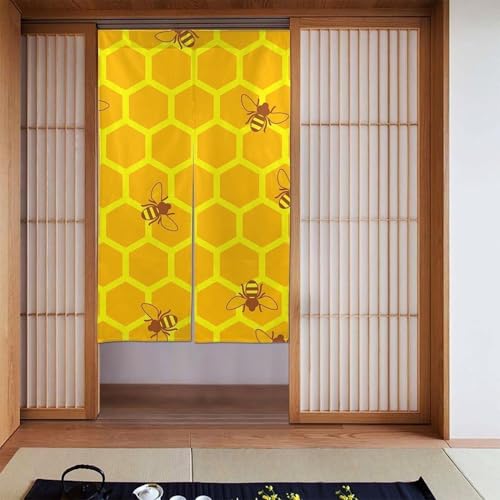 のれん ミツバチと蜂蜜 ドアカーテン 間仕切り 暖簾 目隠し おしゃれ 壁掛け 玄関 お風呂 出入り口用 遮光カーテン シャワーカーテン 洗濯可 飾り 部屋仕切り 室内 洗面所 四季兼用 多機能 人気 贈り物 86x143cm