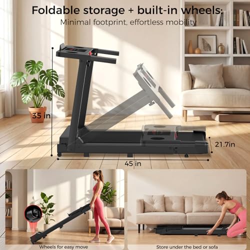 Image of Foldable Treadmills for Home, 3.0HP Walking pad Treadmill with Handle Bar, Portable Electric Treadmill with Handles, 12 Preset Programs, LED Display and 300 lbs Capacity