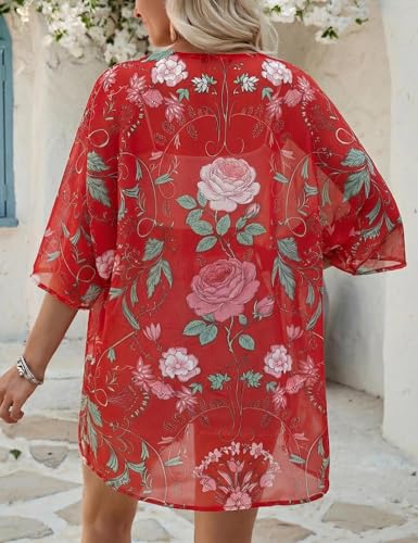 Image of Chunoy Women Floral Beach Wear Cover Up Chiffon Kimono Cardigan Open Front Blouse Top
