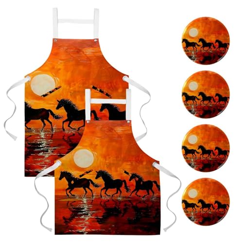Lot de 2 tabliers de cuisine avec 4 broches à motif de cheval multicolore