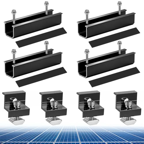 Soporte Paneles Solar, Soporte Placas Solares Negra, Kit de Panel Solar Incluye Cuatro Abrazaderas de 4 Extremos(30-35 mm), 4 Raíles y 8 Tornillos, Soportes Solares para Tejado de Tejas Plano Hojalata