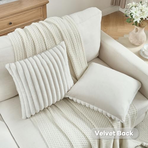 FUTEI Cream White Striped Decorative Throw Pillow Covers 26x26 Inch Set of 2,Square Fall Decorations Couch Euro Pillow Shams,Soft Cozy Faux Rabbit Fur & Velvet Back,Modern Home Decor for Bed