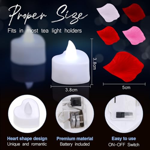 Image of Coume 6000 Pieces Artificial Rose Petal 72 Pieces LED Tealights Candle, Romantic Decorations Special Night Rose Petal Heart Candle for Valentines Wedding Anniversary Proposal Decor(White Light)