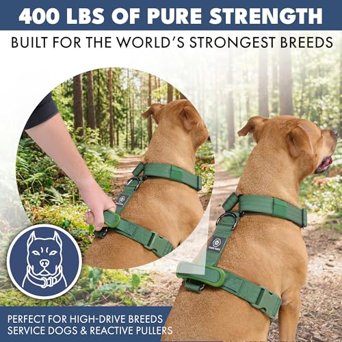 Image of Spark Paws No Pull Dog Harness with Handle for Large Dogs, Heavy Duty Dog Harness for Big Strong Breeds, Adjustable, Y Shaped Padded Halter Design with Front Clip - Army Green - S