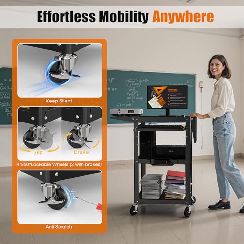 Image of All-Steel Rolling AV Cart with Adjustable Height & Built-in Power - Heavy-Duty Media Workstation with Drop-Leaf Shelves & Wheels for Projectors, Laptops, Printers - Classroom, Office & Studio, Black