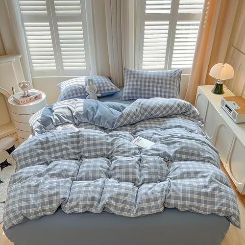 Image of Plaid Duvet Cover Full Size Blue White Gingham Grid Reversible Bedding Set 3 Pcs Checkered Geometric Soft Breathable Microfiber Comforter Cover Set with Zipper Closure and 2 Pillowcases