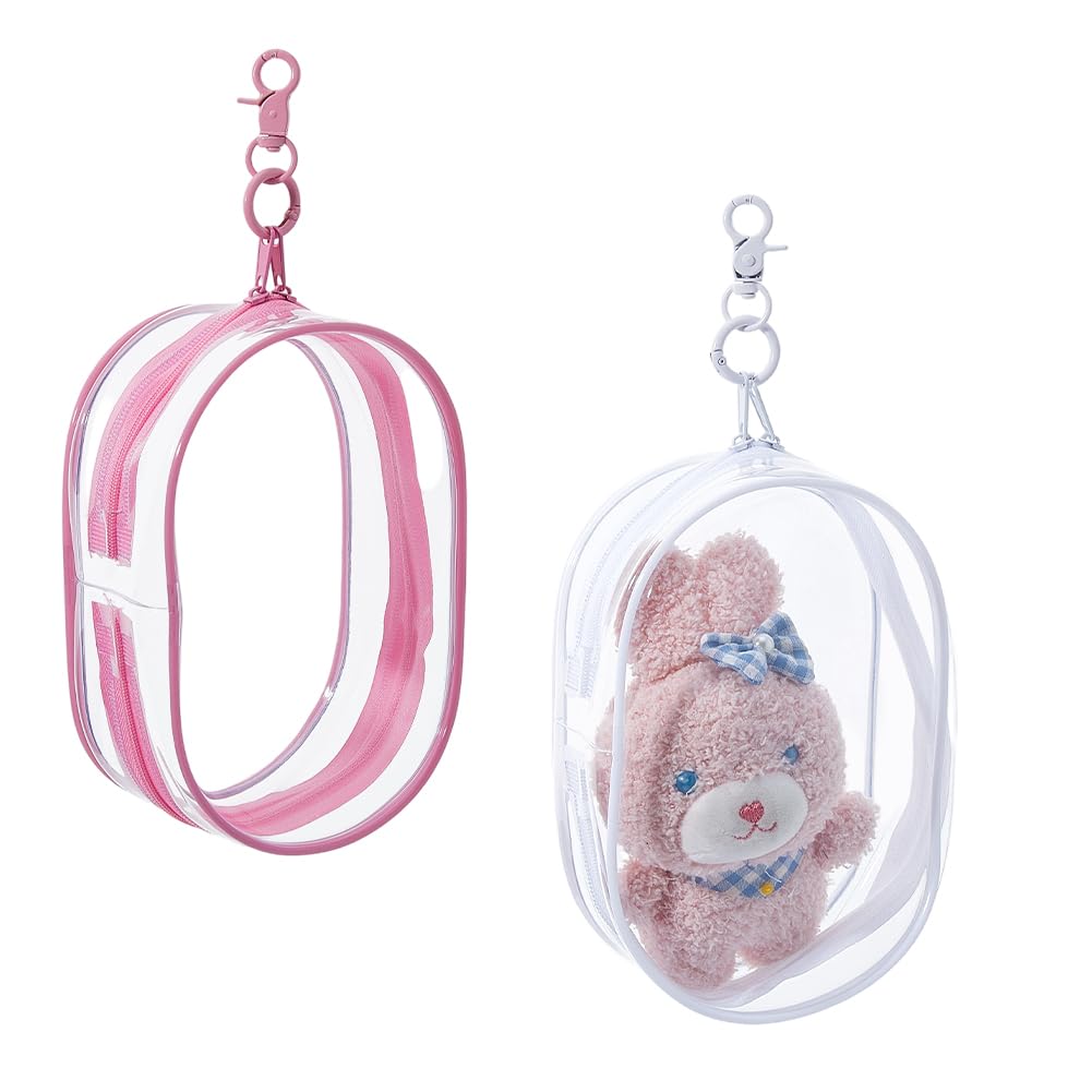 SUPERFINDINGS 2 Colors Large Clear Figure Display Bag with Keychain 17.3cm Pink White Portable Figures Storage Bag Blind Box Organizer Dustproof Figure Storage Pouch Zipper Closure for Collectibles