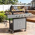 Aoxun 4-Burner Propane Gas Grill with Side Burner, 49000 BTU Stainless Steel Outdoor Grill, Cast Iron Cooking Grates & Side Shelves for Patio Backyard Camping, Black and Silvery
