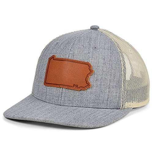 Local Crowns Pennsylvania Heather Leather State Patch Curved Trucker Adjustable Heather-Gray, White, and Brown Snapback Cap