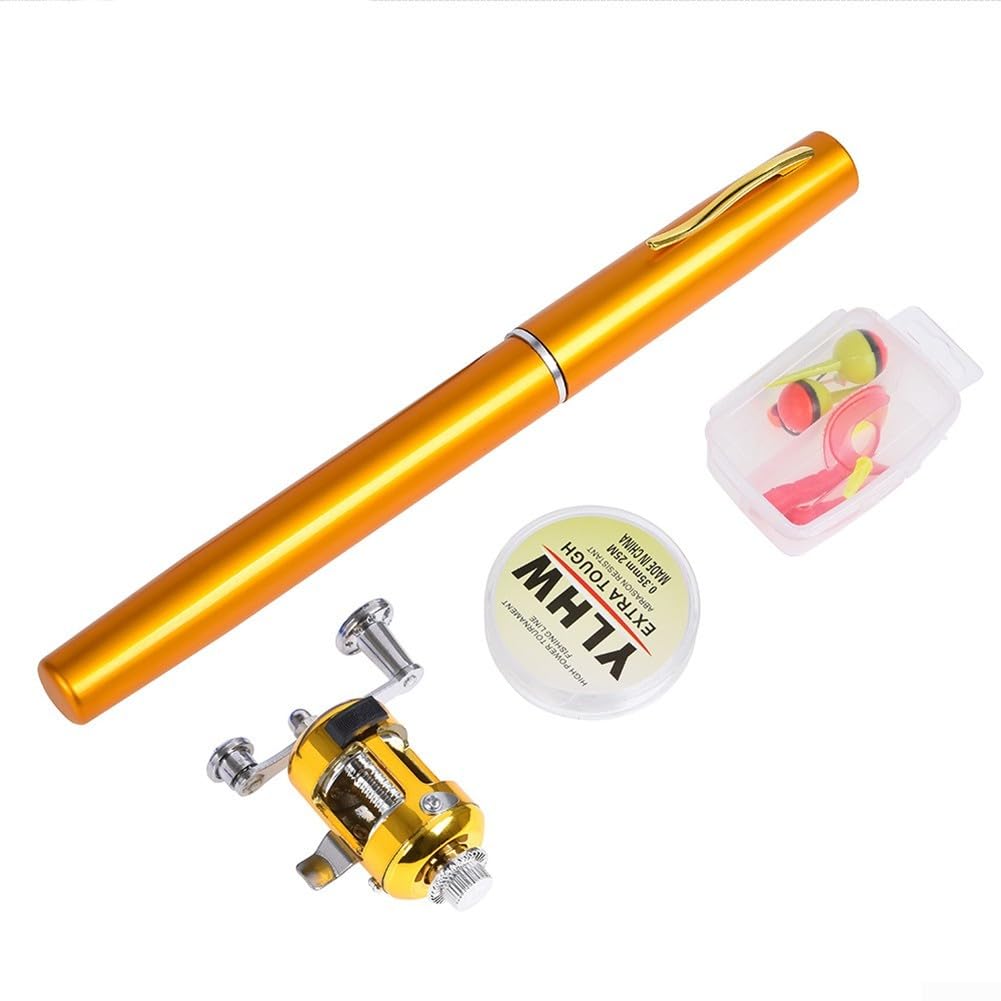 Vootnifig Portable Pen Fishing Rod Kit with Reel 1M Telescopic Carbon Fiber Travel Fishing Pole Lightweight Compact Mini Fishing Set(Y4516 Gold)