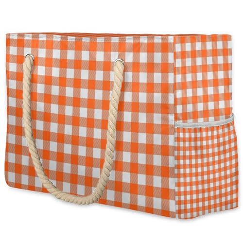 Orange Buffalo Plaid Tote Beach Bag for Women with Zipper Large Waterproof Sandproof Swim Pool Bag