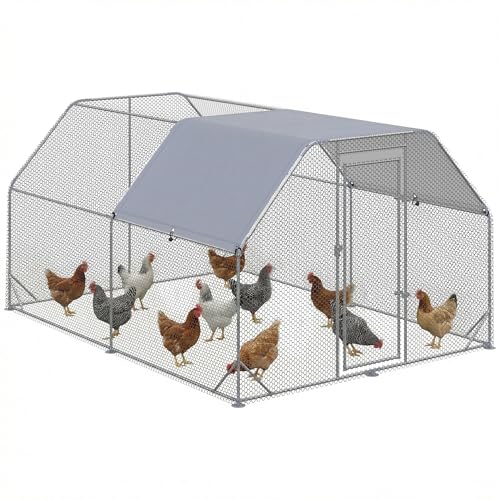 PawHut Gallinero para Exterior Grande Walk in, 2,8x3,8x1,95 m, Gallinero 10 12 Gallinas de Acero Galvanizado con 2 Habitaciones, Toldo Oxford Anti UV, Malla Hexagonal y Cierre de Seguridad, Plata