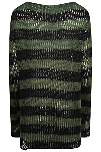 Image of Ro Rox Gothic Knitted Jumper with Distressed Look - Oversized Pullover Ripped Design, Loose Fit, 90s Grunge Stripe Pattern