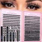 Lash Clusters Kit, Eyelash Clusters Individual Lash Extension Kit 480 Pcs D Curl Fluffy Wispy False Eyelashes Extensions Thin Band with Bond Seal Tweezers Brush Removers (60D+80D KIT9-16mm)