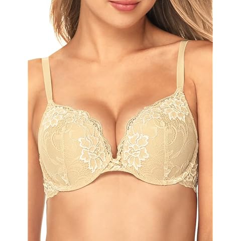 WingsLove Women's Push up Bra Underwire Support Bra Floral Lace Comfort Padded Bra Demi Plunge (Nude 36D) Cover