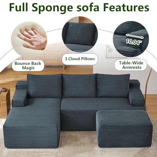 Image of 96.1 inch Modular Sectional Sofa with Ottoman, Modern Corduroy Cloud Couch, Boneless Couch Upholstered 3-Seater U-Shaped Sofa for Living Room, No Assembly (Dark Grey, Right-Facing Chaise)