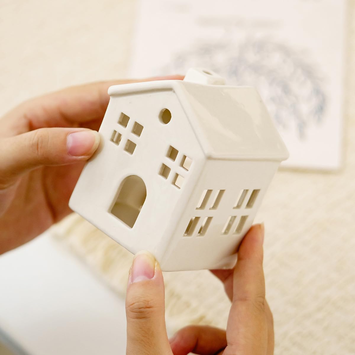 Hollowed Ceramic Village House Tealight Candle Holder for Home Fireplace Mantel Table Centerpiece Winter Holiday Christmas Decorations (White)