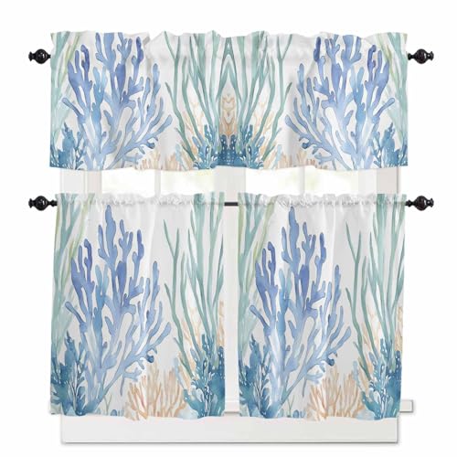 Ocean Botanical Kitchen Curtains 24 Inch Length, 3 Piece Rod Pocket Small Half Tiers and Valance Set, Summer Coastal Sea Blue Green Coral Small Large Window Treatment Decor for Bedroom/Bathroom Sink
