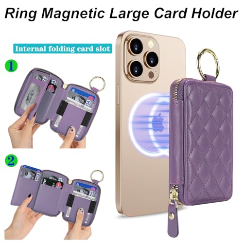 Image of Compatible with MagSafe Wallet,Magnetic Wallet for iPhone 17 /16 Pro Max /15 Pro /14 Plus /13 /12 Series,PU Leather Zipper Pocket Card Holder Adjustable Stand-Light Purple