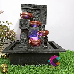 Craftisan Black Stone Polyresin Designer Table Top/Indoor 4 Tier Waterfall Fountain Indoor Home Decor with Multicolour LED Light and Water Flow Control Pump (Size: 33 x 29.5 x 22 CM) (UR-039)