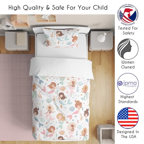 Image of Sweet Jojo Designs Ocean Mermaids Girl Toddler Bedding Set Kid 5p Bed in a Bag with Comforter Blanket Pillowcase Sham Sheets Pink Teal Under the Sea Underwater Theme Fairytale Fish Colorful Coral Reef