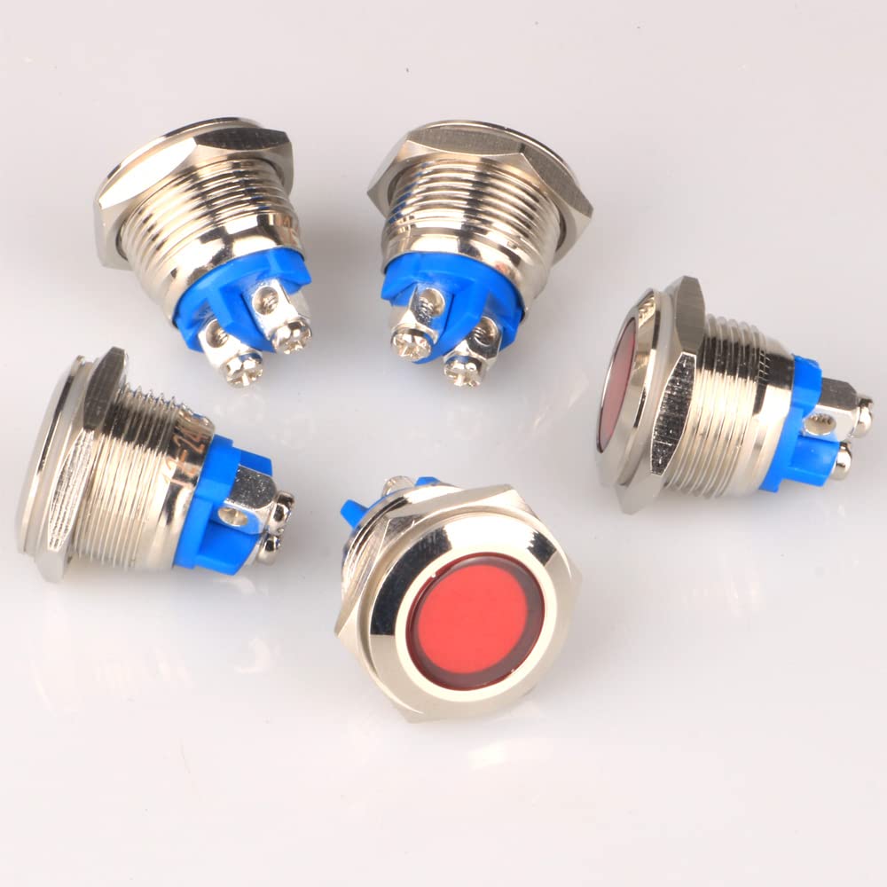 GUUZI 5 pezzi 12V-24V 16mm LED Indicatore Luminoso in Metallo Lampada di Segnalazione Impermeabile con Cavo(Rosso)