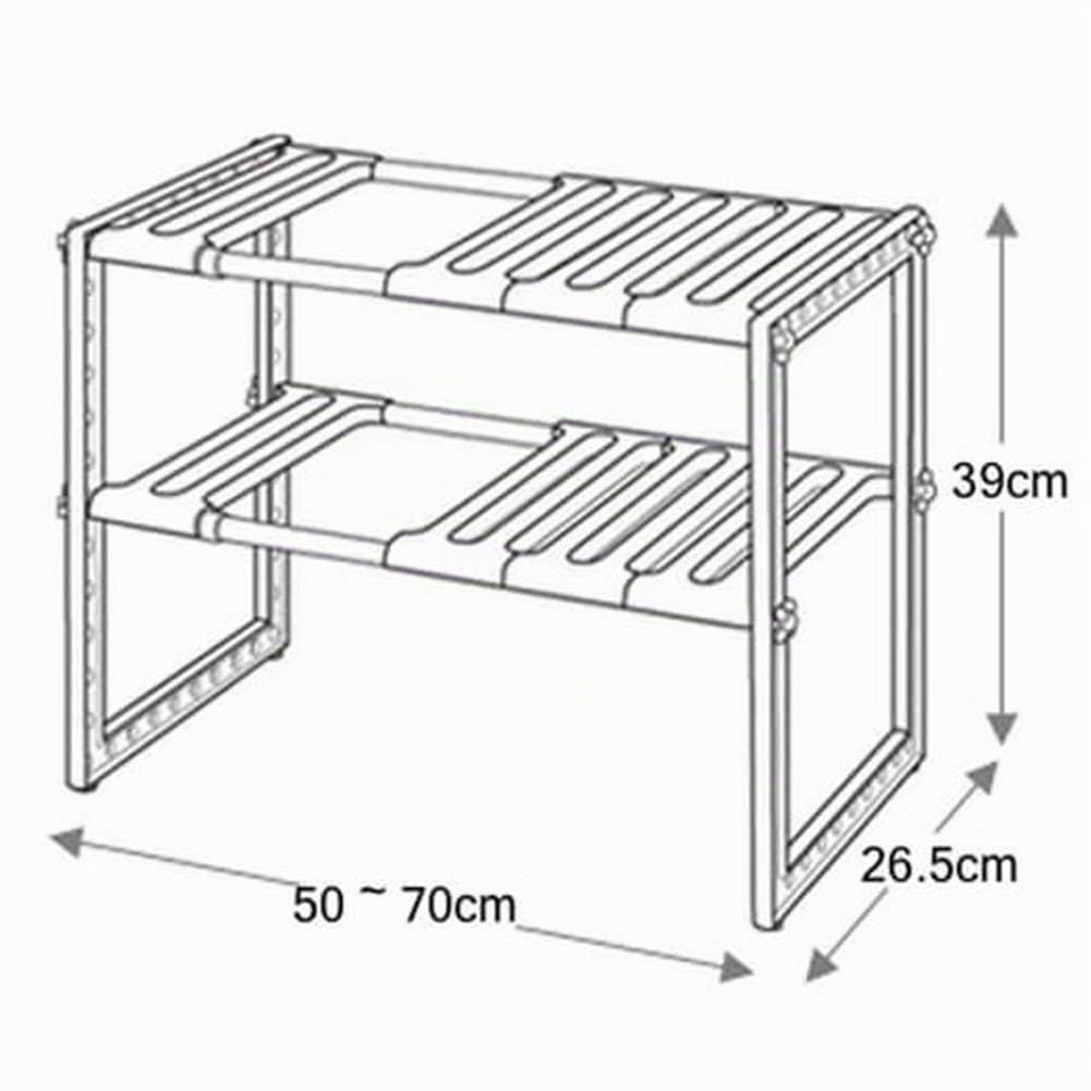 Warmiehomy Scaffale Stoviglie Estensibile in Inox Acciaio, Cestelli Sottolavello con 2 Ripiani, Mensola Multifunzionale, per Cucina Bagno Sotto Lavello, 50–70 x 26.5 x 39 cm