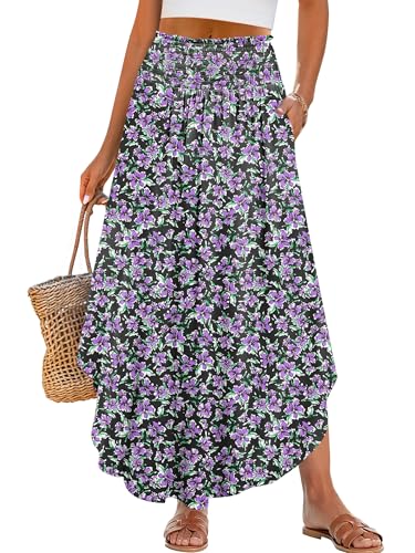 Image of ANRABESS Women's Maxi Skirts Summer Boho Floral High Waisted Flowy Swing Pleated Beach Long Skirt with Pockets