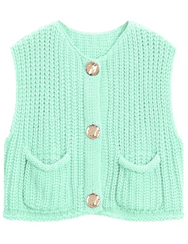 Image of Women's Sleeveless Chunky Knit Top Casual Cropped Button Down Sweater Vest Open Front Cardigan with Pockets