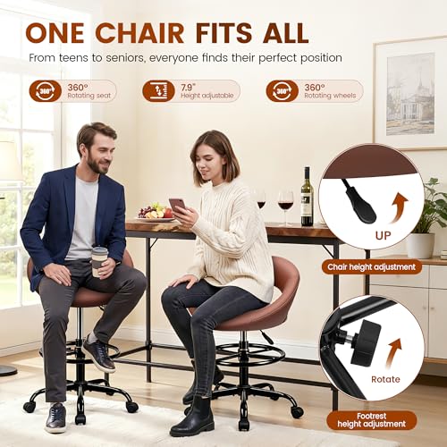 Image of Bar Stool with Back Support - PU Leather Drafting Chair, Adjustable Foot Rest & Rolling Wheels, Swivel Tall Stool for Kitchen Island, Salon, Vanity, Standing Desk, Brown