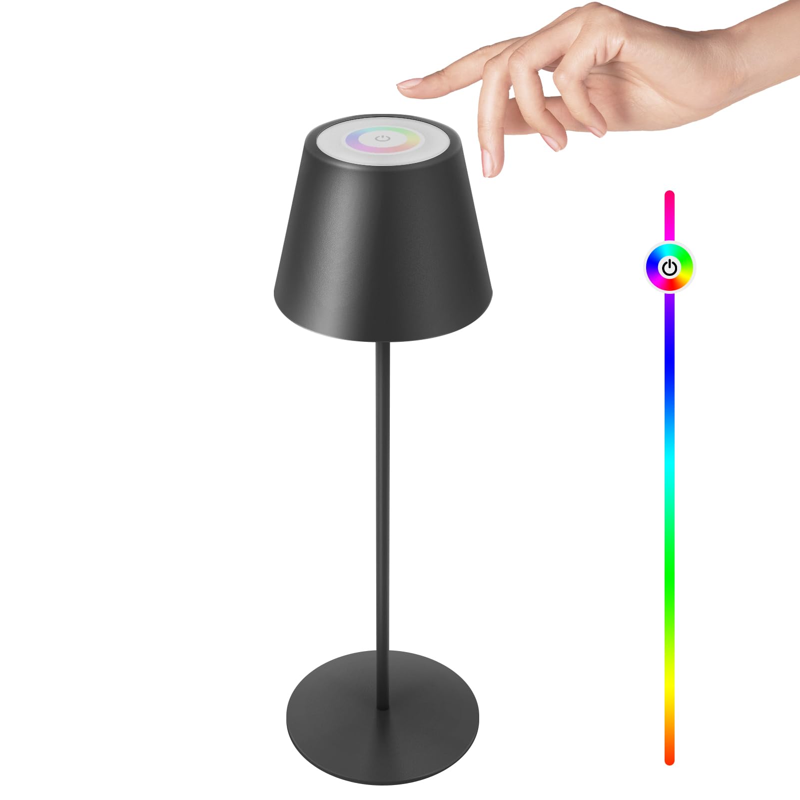 Lampada da Tavolo Senza Fili, Lampada da Tavolo LED Ricaricabile, Touch Lampada da Comodino in Metallo, 8 Cambi di Colore, Protezione IP45, Dimmerabile, Adatta per Interni/Esterni (I/Nero)